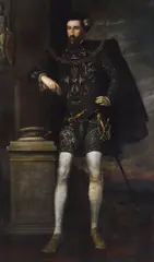 William Scrots, A portrait of Henry Howard, Earl of Surrey, age 29, standing full length, wearing an embroidered costume, with a dagger and a sword by a pedestal, oil on canvas