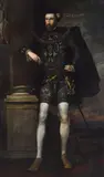 William Scrots, A portrait of Henry Howard, Earl of Surrey, age 29, standing full length, wearing an embroidered costume, with a dagger and a sword by a pedestal, oil on canvas