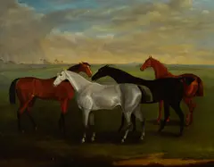 Four hunters in a landscape by Samuel Spode, oil on canvas, sold Nov 2017