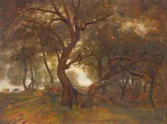 Victor Charreton, A view of trees, lake, and cows in a wooded setting, oil on canvas