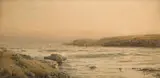 William Trost Richards, A rocky coastline at dusk, watercolor, ink and graphite on paper laid to board