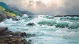 Alexander Dzigurski, A coastal view with waves breaking on the shore