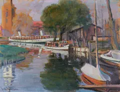 Julie Wolfthorn, Werft in Potsdam“ (mit Blick auf die Heiliggeistkirche), Öl auf Malpappe