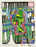 Concentric square with lips by Friedensreich Hundertwasser, 1989, Farbholzschnitt auf Japan, sold May 2011