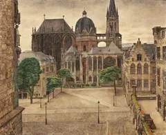 Peter Foerster, Dom und Katschhof in Aachen, 1931, Aquarell und Tuschfeder auf leichtem Karton