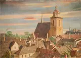 Peter Foerster, Dessau XV. Blick über die Stadt auf die Schloßkirche St. Marien, 1943, Öl auf Hartfaser