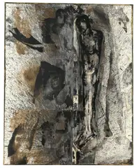Michael Morgner, O.T. (9.5.94), 1994, Tusche, Lavage, Asphaltlack, Prägung auf Bütten, Collage / Décollage auf Leinwand