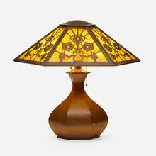 Table lamp by Limbert, c. 1906-18, hammered copper, slag glass, sold Jan 2022