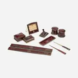 Collection of ten Heraldic desk articles by Tiffany Studios, c. 1929, cold-painted bronze, Bakelite, brass, paper, glass, cedar, sold Jan 2022