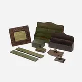 Collection of eight Zodiac desk articles by Tiffany Studios, c. 1906, patinated bronze, paper, wood, sold Jan 2022