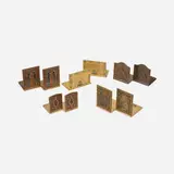 Collection of five bookend sets by Tiffany Studios, c. 1925, patinated bronze, acid-etched and gilt bronze, enamel, sold Jan 2022