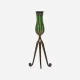 Blown-out tripod candlestick, model 1312D by Tiffany Studios, c. 1910, patinated bronze, hand-blown glass, sold Jan 2022