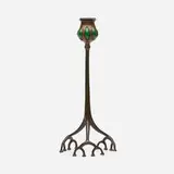 Blown-out root candlestick, model 1200C by Tiffany Studios, c. 1910, patinated bronze, hand-blown glass, sold Jan 2022