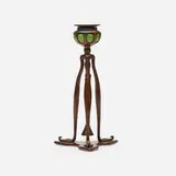 Blown-out candlestick with snuffer, model 1212 by Tiffany Studios, c. 1910, patinated bronze, hand-blown glass, sold Jan 2022