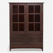 Gustav Stickley, Early china cabinet, c. 1903, oak, patinated iron, glass