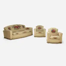 Aubusson tapestry-upholstered salon suite by Jules Leleu, c. 1930, wool tapestry, upholstery, sold Jan 2022