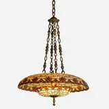 Duffner & Kimberly, Double Dome chandelier and pair of sconces, c. 1909, leaded glass, brass, bronze