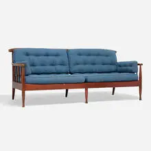 Skrindan sofa by Kerstin Hörlin-Holmquist, c. 1967, upholstery, stained beech, sold Apr 2025