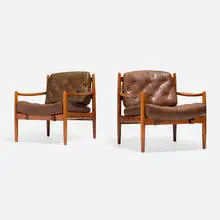 Läckö armchairs, pair by Ingemar Thillmark, 1950, stained beech, leather, sold Apr 2025