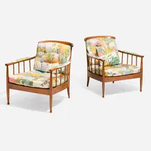 Skrindan lounge chairs, pair by Kerstin Hörlin-Holmquist, c. 1963, stained beech, upholstery, sold Apr 2025