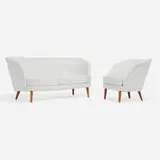 Ingemar Thillmark, Settee, model 319 and lounge chair, c. 1955, upholstery, stained beech
