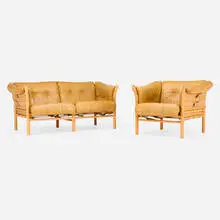 Arne Norell, Indra settee and lounge chair, c. 1970, leather upholstery, beech, patinated steel