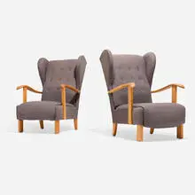 Fritz Hansen, Wingback lounge chairs model 1582, pair, c. 1945, upholstery, elm