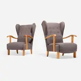 Fritz Hansen, Wingback lounge chairs model 1582, pair, c. 1945, upholstery, elm