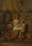 Letitia Bonnet Hart, Ladies drinking tea, oil on canvas laid to masonite