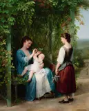 Fritz Zuber-Buhler, Playing with baby in the garden, oil on canvas