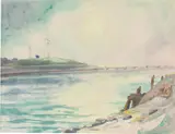 Max Kaus, Küstenstrich mit Seebrücke. 1930er-Jahre, Aquarell über Tuschfeder auf Velin
