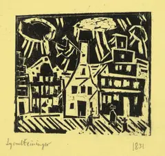 Kleinstadt by Lyonel Feininger, 1918, Holzschnitt auf gelbem Seidenpapier, sold Jun 2016