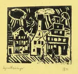 Lyonel Feininger, Kleinstadt, 1918, Holzschnitt auf gelbem Seidenpapier
