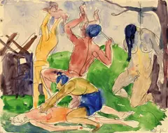 Rudolf Schlichter, Indianerüberfall, Kindermord, Um 1916, Aquarell über Bleistift auf Papier
