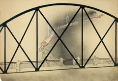Oskar Nerlinger, Schleppzug unter der Brücke, 1931, Spritztechnik, Feder und Pinsel in Tusche, Bleistift und Tempera auf festem bräunlichen Papier