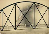 Oskar Nerlinger, Schleppzug unter der Brücke, 1931, Spritztechnik, Feder und Pinsel in Tusche, Bleistift und Tempera auf festem bräunlichen Papier