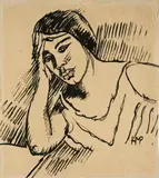 Max Pechstein, Frau mit aufgestütztem Kopf (Lotte Pechstein), Um 1912, Tuschpinsel auf faserigem Papier