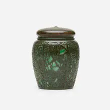 Grapevine humidor by Tiffany Studios, c. 1906, patinated bronze, Favrile glass, sold Jan 2022