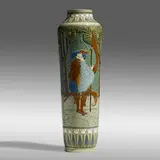 Frederick Hurten Rhead for Roseville Pottery, Exceptional and tall Della Robbia vase with pikesman, 1906-07, glazed earthenware