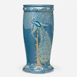 Frederick Hurten Rhead for Roseville Pottery, Umbrella stand with peacock, c. 1908, glazed earthenware with squeeze-bag decoration