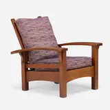 Early bow-arm Morris chair, model 2340 by Gustav Stickley, c. 1903-04, oak, upholstery, sold Jan 2022