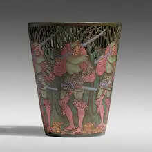 Frederick Hurten Rhead for University City, Exceptional vase with pikesmen, 1911, glazed and reticulated earthenware