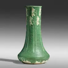 Exceptional vase with daffodils by Ruth Erickson, 1899-1910, glazed earthenware, sold Jan 2022