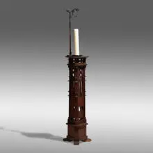 Rare and Large candle stand by Charles Rohlfs, 1905-06, carved oak, hammered and wrought copper, sold Jan 2022