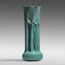 Fritz Albert for Teco Pottery, Exceptional and Large vase with irises, model 177, c. 1905, glazed earthenware