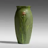 George P. Kendrick for Grueby Faience Company, Rare vase with brown irises, c. 1904, glazed earthenware
