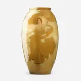 Artus Van Briggle for Rookwood Pottery, Exceptional Iris Glaze vase with maiden and heron in flight, 1898, glazed earthenware