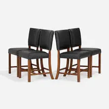 Jacob Kjær, Dining chairs, set of four, c. 1930, teak, faux leather upholstery, brass tacks