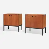 Cabinets, pair by Hans Hove and Palle Petersen, c. 1965, teak, enameled metal, ebony, rosewood, sold Apr 2025