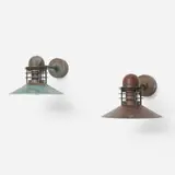 Nyhavn sconces, pair by Alfred Homann and Ole Kjær, 1976, patinated copper, glass, sold Apr 2025